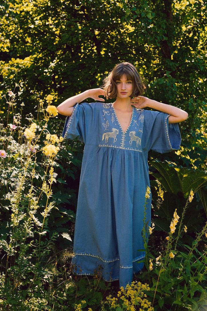 POLLY EMBROIDERY DRESS 3/4 SLEEVE ''SEA''