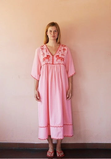 POLLY Embroidery Dress 3/4 Sleeve 'Flamingo''