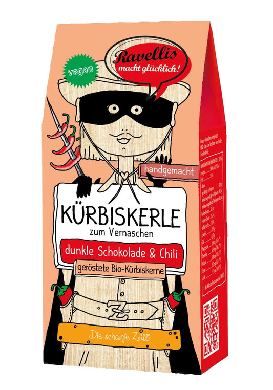 Geröstete Bio-Kürbiskerne veredelt mit dunkler Schokolade & Chili